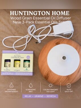 Huntington Home Wood Grain Essential Oil Diffuser New 3-Pack Essential Oils Set